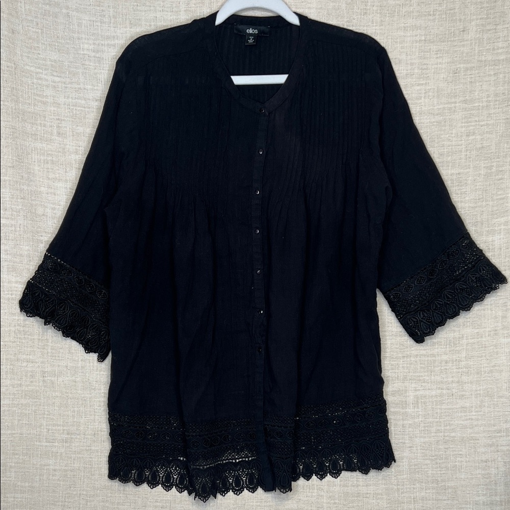 ellos Black Button-Front Tunic with Lace Trim